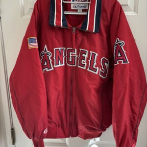 VTG 00s MLB ANAHEIM ANGELES MAJESTIC DUGOUT JACKET USA FLAG PATCH SIZE L RED